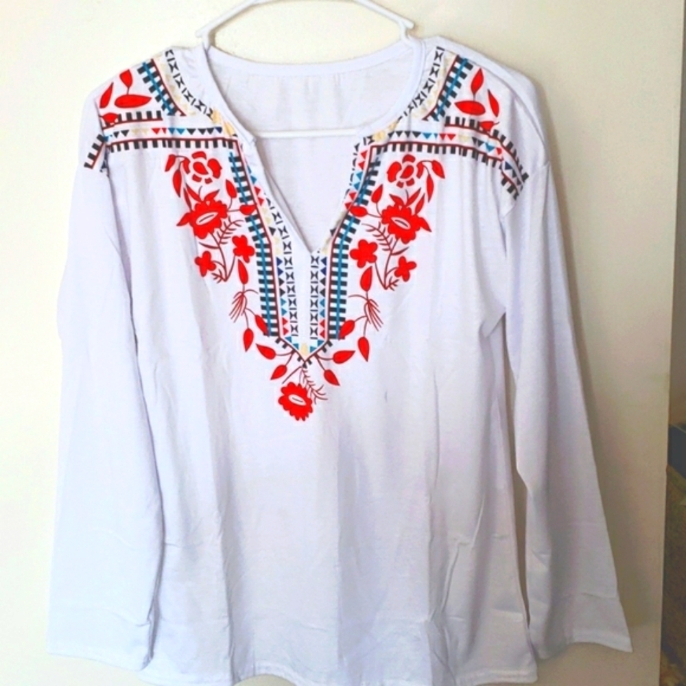 Bohemian Split V-Neck White Long Sleeve T-Shirt Size XXL